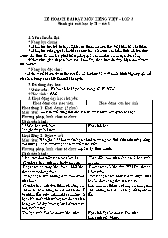 Giáo án Tiếng Việt Lớp 3 (Sách Chân trời sáng tạo) - Ôn tập đánh giá cuối học kỳ 2 (Tiết 3) - Năm học 2022-2023