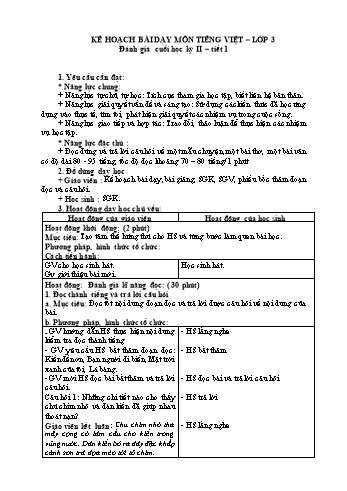 Giáo án Tiếng Việt Lớp 3 (Sách Chân trời sáng tạo) - Ôn tập đánh giá cuối học kỳ 2 (Tiết 1) - Năm học 2022-2023