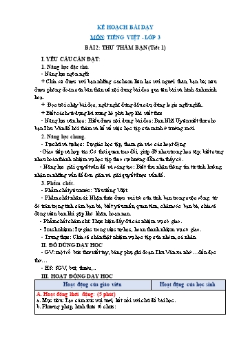 Giáo án Tiếng Việt Lớp 3 (Sách Chân trời sáng tạo) - Tuần 14 - Bài 2: Thư thăm bạn - Năm học 2022-2023