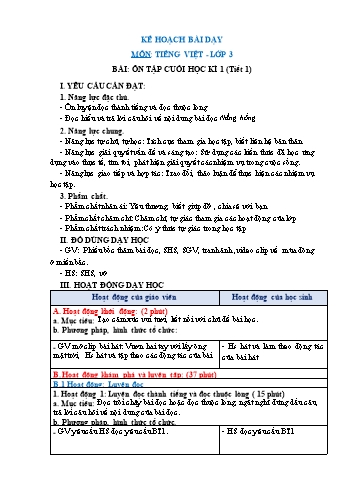 Giáo án Tiếng Việt Lớp 3 (Sách Chân trời sáng tạo) - Tuần 18 - Ôn tập cuối học kì 1 - Năm học 2022-2023