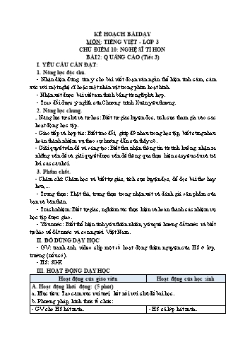 Giáo án Tiếng Việt Lớp 3 (Sách Chân trời sáng tạo) - Tuần 21 - Bài 2: Quảng cáo (Tiết 3) - Năm học 2022-2023