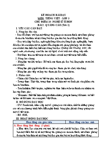 Giáo án Tiếng Việt Lớp 3 (Sách Chân trời sáng tạo) - Tuần 21 - Bài 2: Quảng cáo (Tiết 1) - Năm học 2022-2023