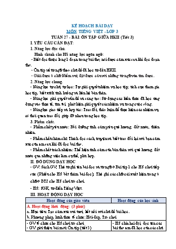 Giáo án Tiếng Việt Lớp 3 (Sách Chân trời sáng tạo) - Tuần 27 - Ôn tập giữa học kì 2 (Tiết 3) - Năm học 2022-2023