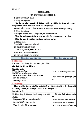 Giáo án Tiếng Việt Lớp 3 (Sách Chân trời sáng tạo) - Tuần 27 - Ôn tập giữa học kì 2 (Tiết 4) - Năm học 2022-2023