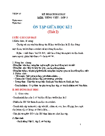 Giáo án Tiếng Việt Lớp 3 (Sách Chân trời sáng tạo) - Tuần 27 - Ôn tập giữa học kì 2 (Tiết 2) - Năm học 2022-2023