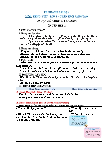 Giáo án Tiếng Việt Lớp 3 (Sách Chân trời sáng tạo) - Tuần 9 - Ôn tập (Tiết 2) - Năm học 2022-2023