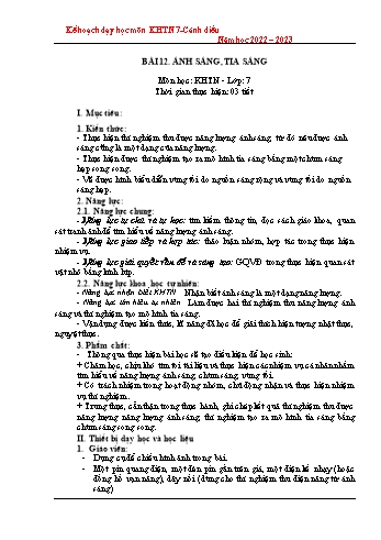 Giáo án Khoa học tự nhiên Lớp 7 (Sách Cánh diều) - Bài 12: Ánh sáng, tia sáng - Năm học 2022-2023