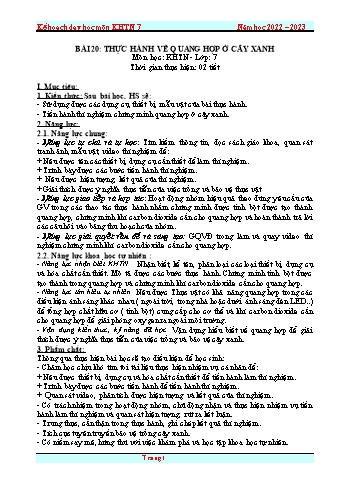 Giáo án Khoa học tự nhiên Lớp 7 (Sách Cánh diều) - Bài 20: Thực hành về quang hợp ở cây xanh - Năm học 2022-2023