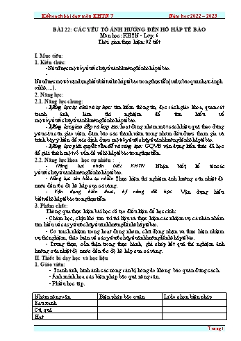 Giáo án Khoa học tự nhiên Lớp 7 (Sách Cánh diều) - Bài 22: Các yếu tố ảnh hưởng đến hô hấp tế bào - Năm học 2022-2023