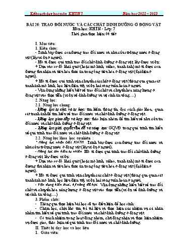 Giáo án Khoa học tự nhiên Lớp 7 (Sách Cánh diều) - Bài 26: Trao đổi nước và các chất dinh dưỡng ở động vật - Năm học 2022-2023
