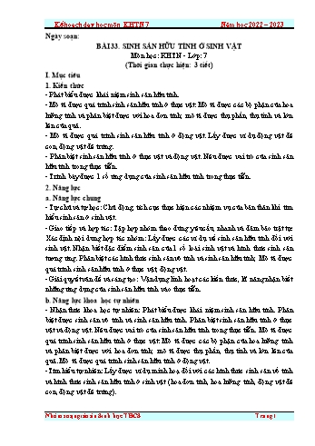 Giáo án Khoa học tự nhiên Lớp 7 (Sách Cánh diều) - Bài 33: Sinh sản hữu tính ở sinh vật - Năm học 2022-2023