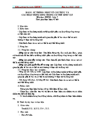 Giáo án Khoa học tự nhiên Lớp 7 (Sách Cánh diều) - Bài 35: Sự thống nhất về cấu trúc và các hoạt động sống trong cơ thể sinh vật - Năm học 2022-2023